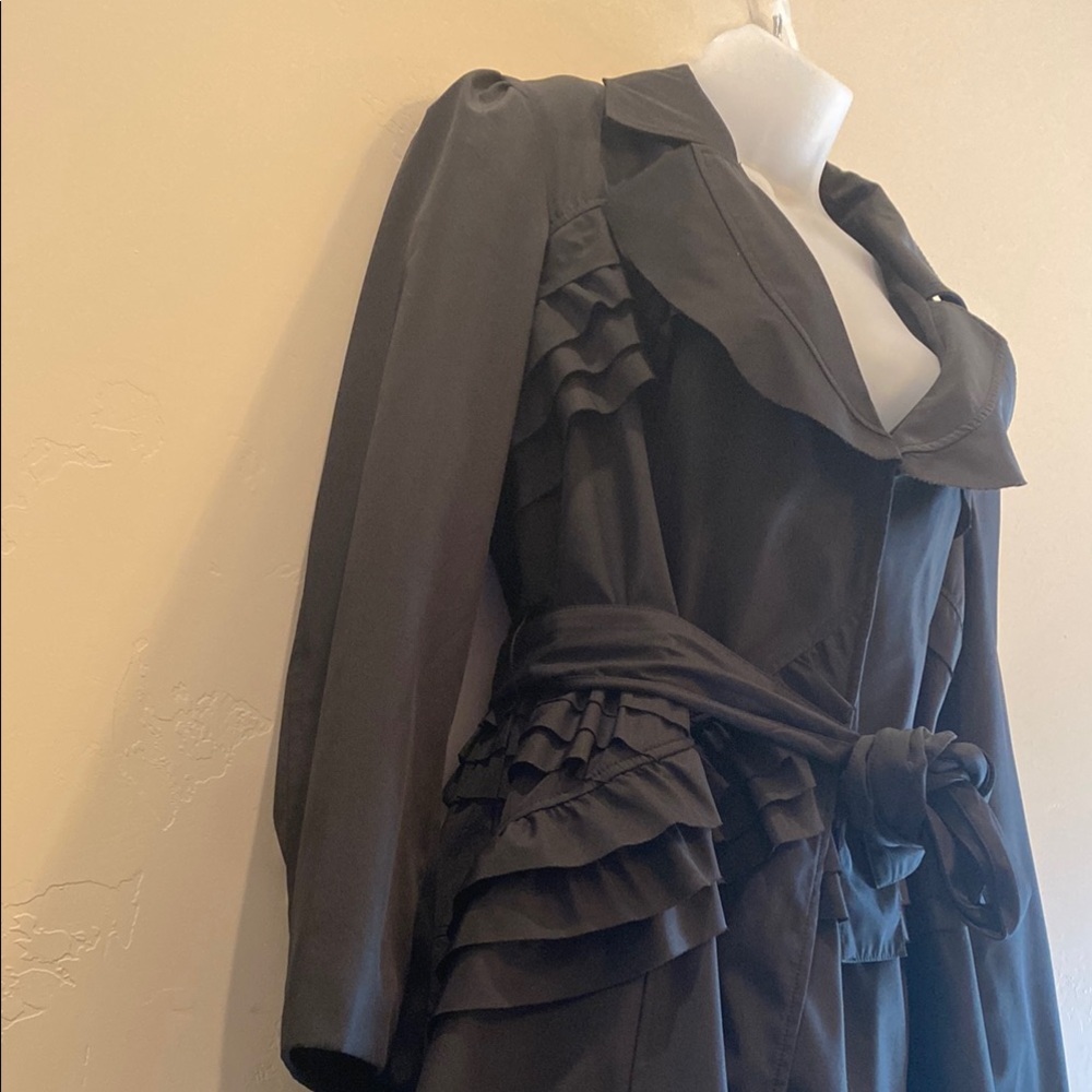 Chic Black Ruffled Coat with Belt